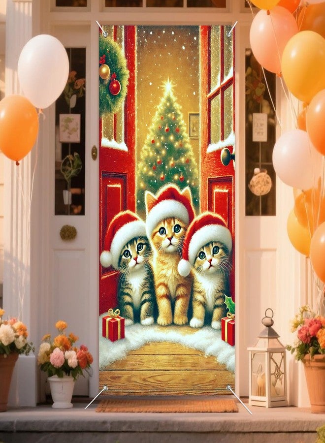 غطاء باب مزين برسومات قطط صغيرة من IVN، مقاس 71 × 35 بوصة، لافتة حمراء، مناسب للاستخدام الداخلي والخارجي، لتزيين باب المنزل الأمامي، وحفلات الشتاء، وشرفة المنزل. - Image 4